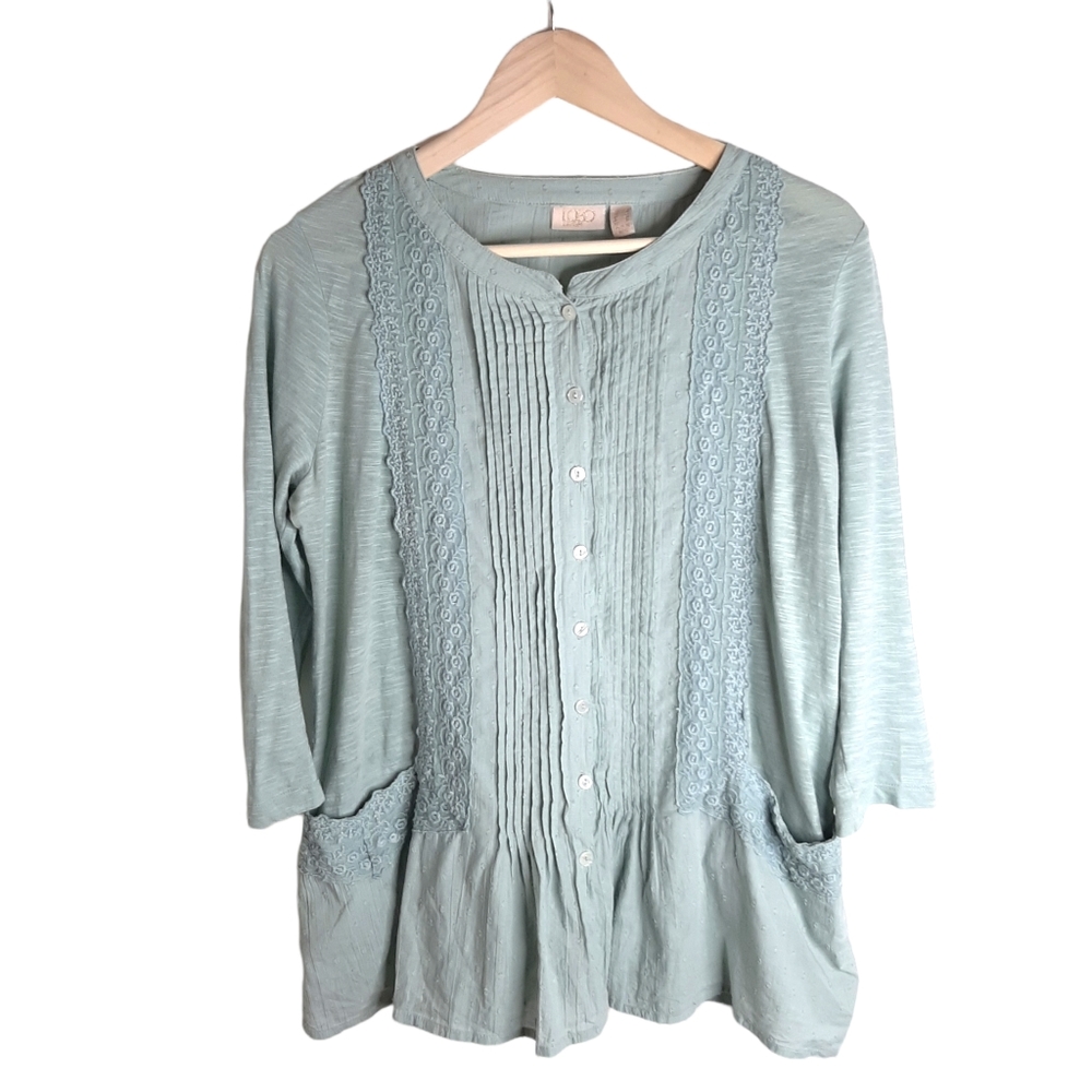 Logo Lavish Shirt Blouse Swiss Dot Green Embroidered Buttoned Women's Size S